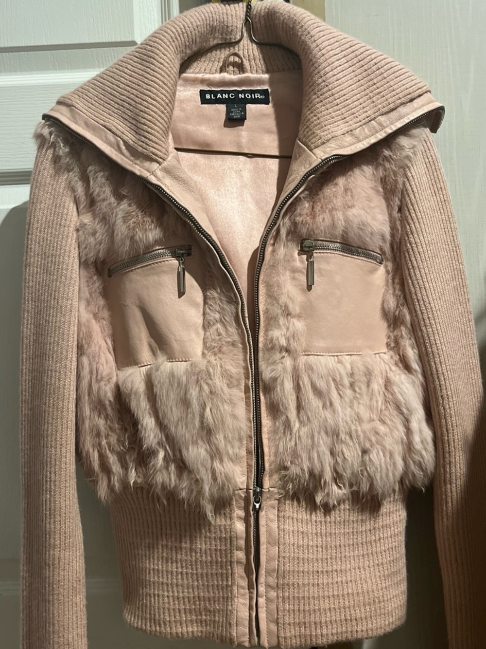 blanc noir Blush Pink Faux Fur & Knit Zip Jacket